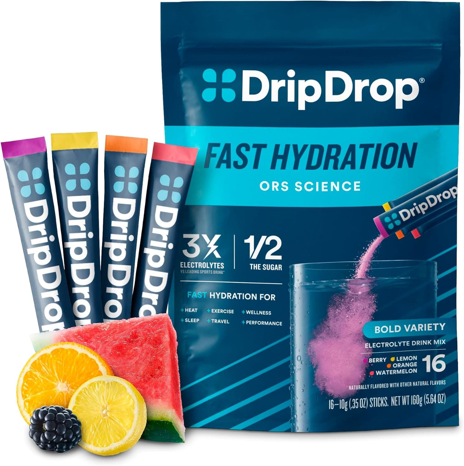 Drip Drop ORS Electrolyte Powder, front of pack