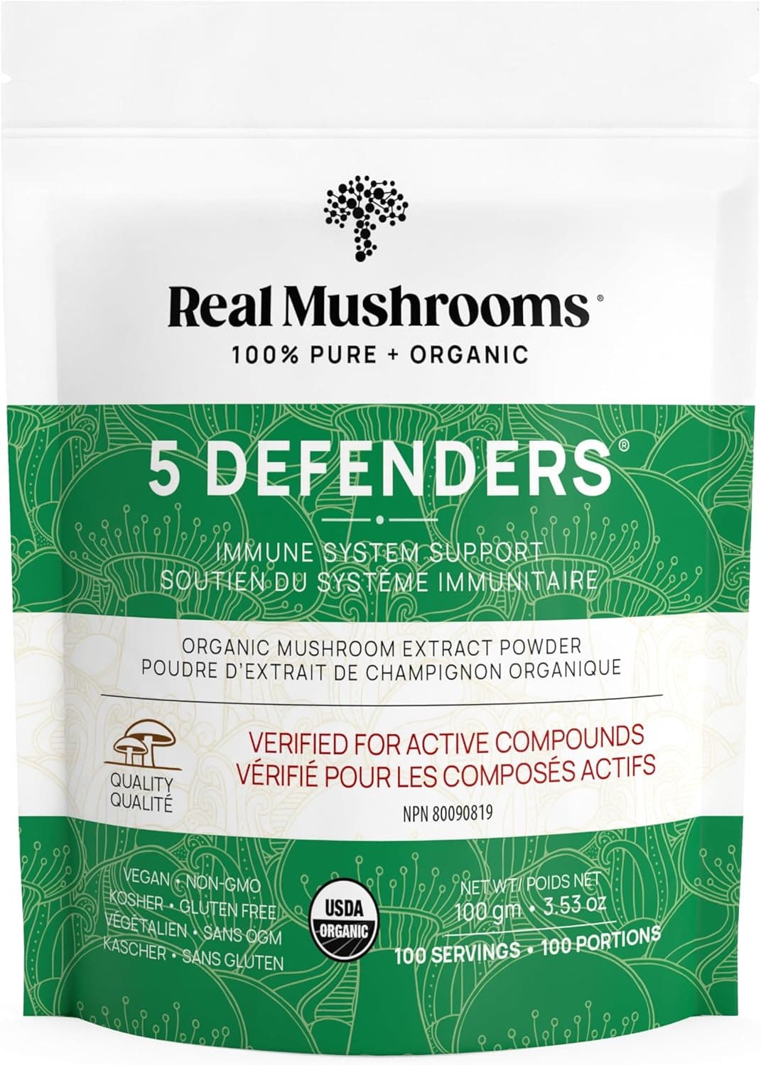 Real Mushrooms 5 Defenders Immune Support, front of pack