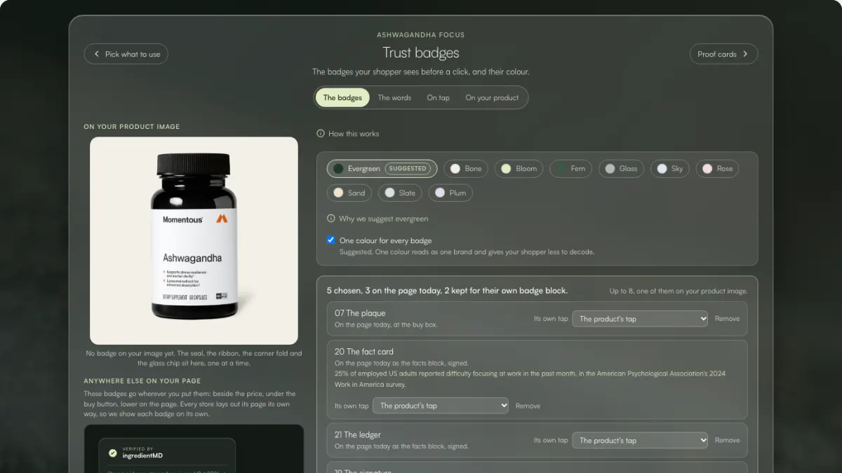 Step 6 of 9 in the app: trust badges for one product