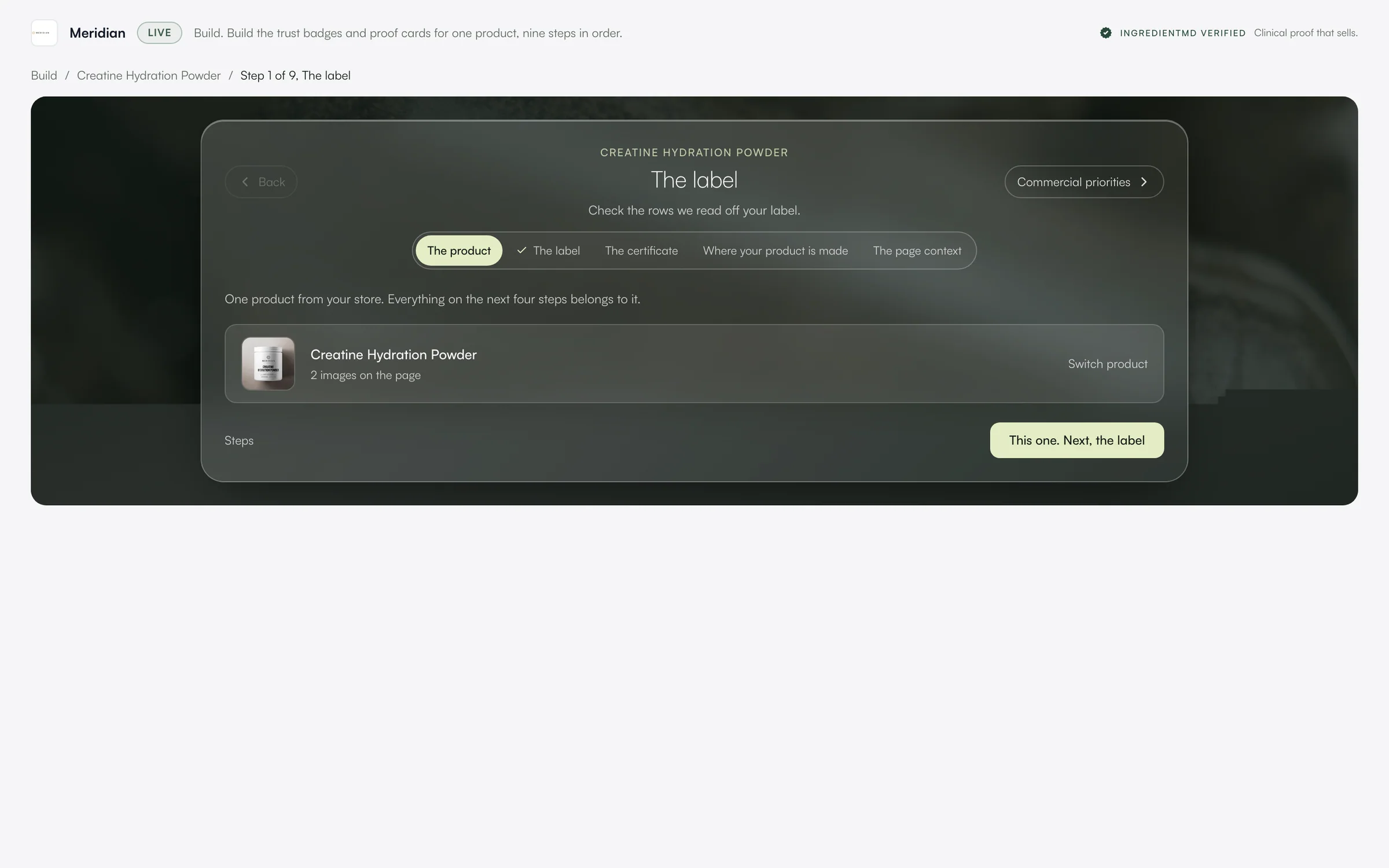 Step 1 of 9 in the app: The label
